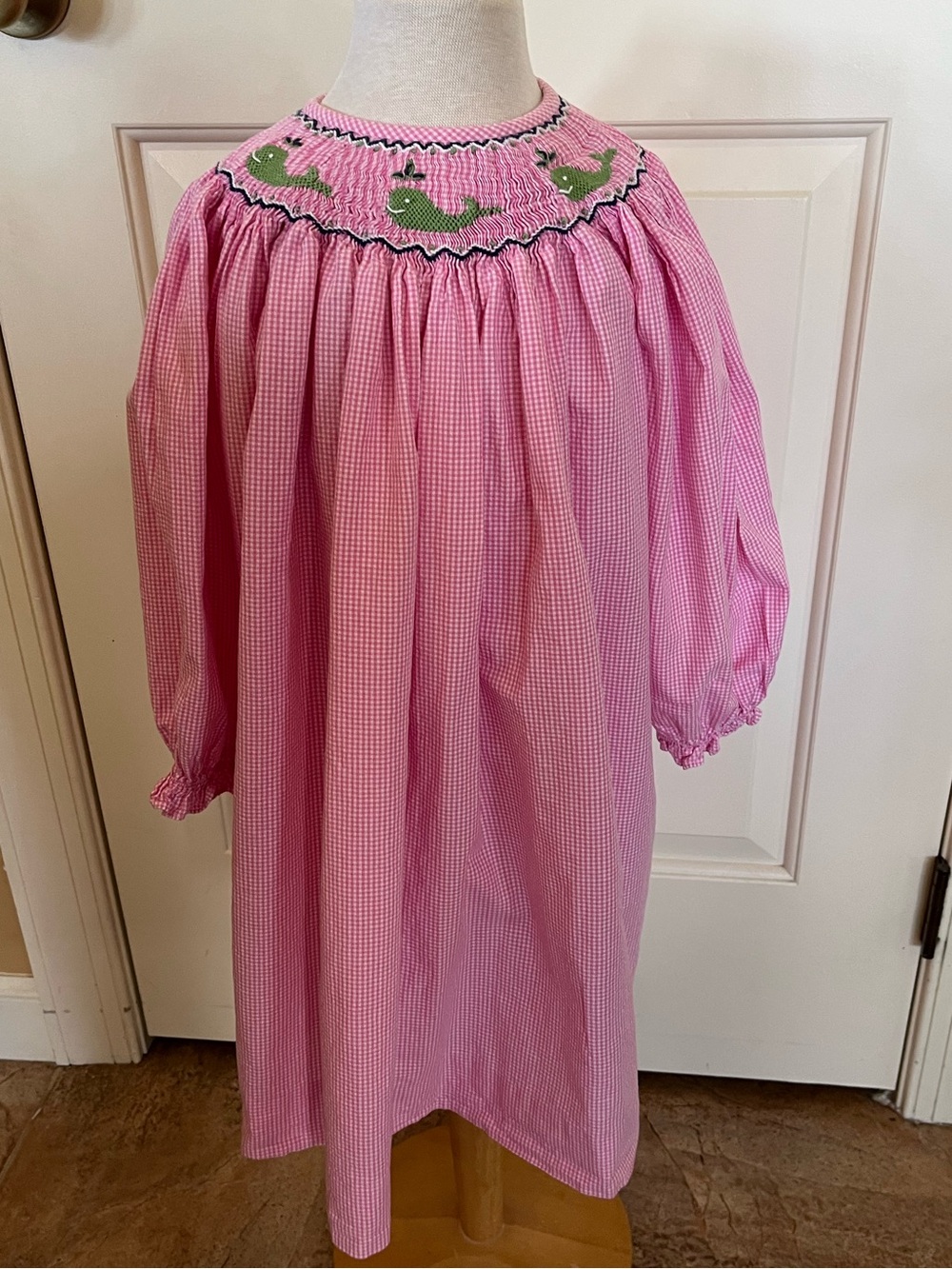 Little English Pink Gingham Smocked Bishop Dress Green Embroidered Whale Design